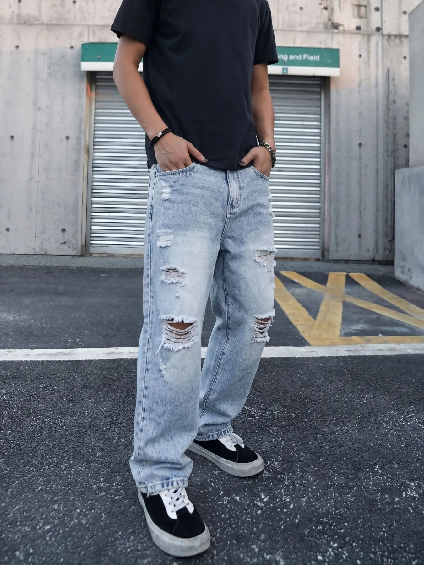 Men's Ripped Non-Elastic Streetwear Denim Jeans, Multi-Process Slim Fit Comfortable Daily Wear, Distressed Ripped Knee, Fashion Trendy Distressed Denim Versatile Design, Plain Pattern, Fitted Style