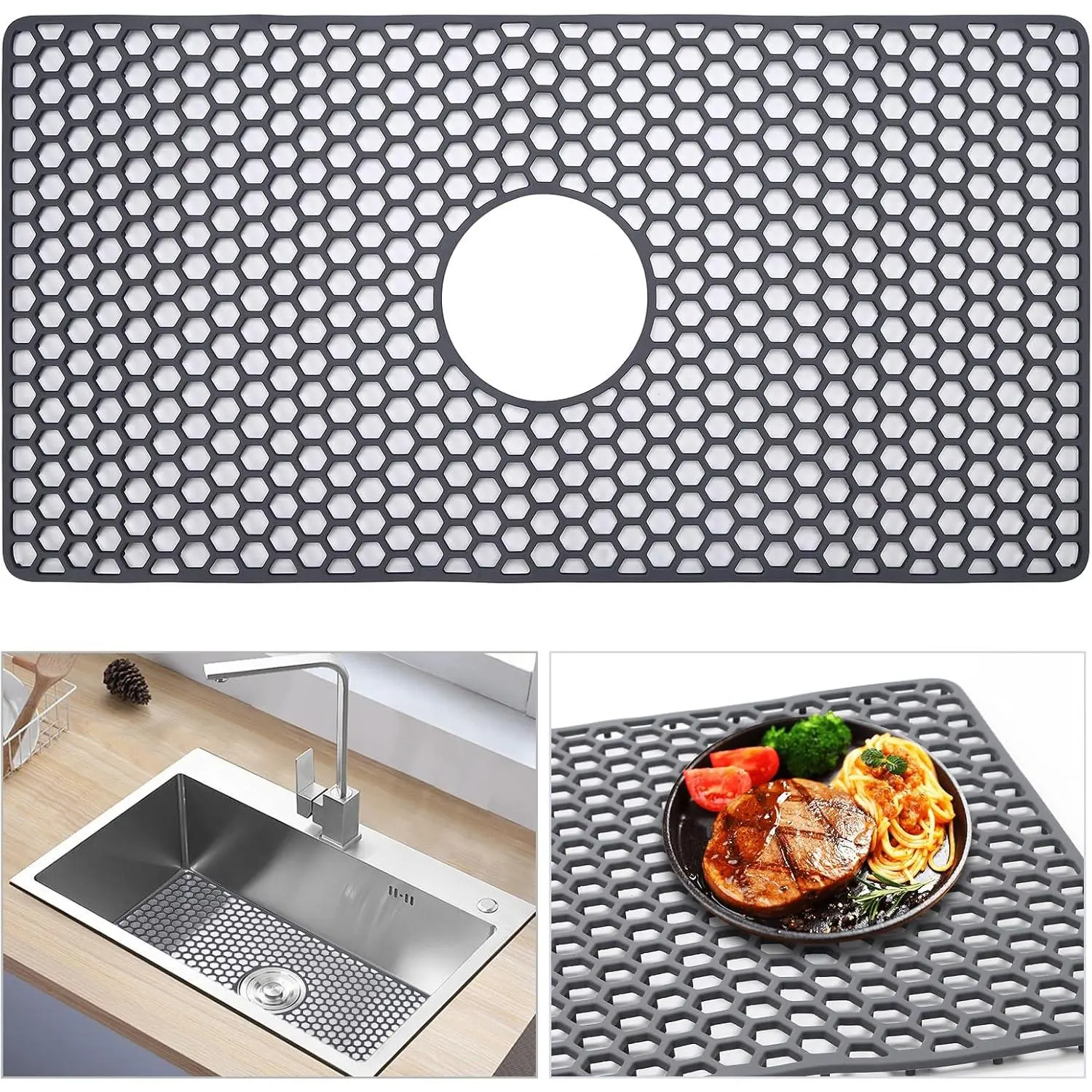 Sink Protectors for Kitchen Sink, 24.8"x 13" Sink Protector Grid |  Kitchen,  Mat for  Stainless Steel Porcelain Sink, Grey(Center Drain)