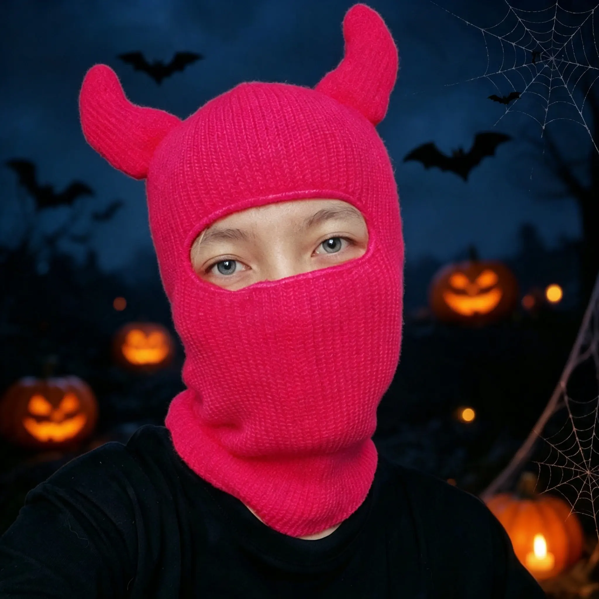 Devil Horn Knit Decor Head Hood, Single Opening Face Cover Hat, Soft Windproof Acrylic Full Headwear, Halloween Cosplay Outfit Accessory, Trend Street Fashion Knitted Hat for Men Women