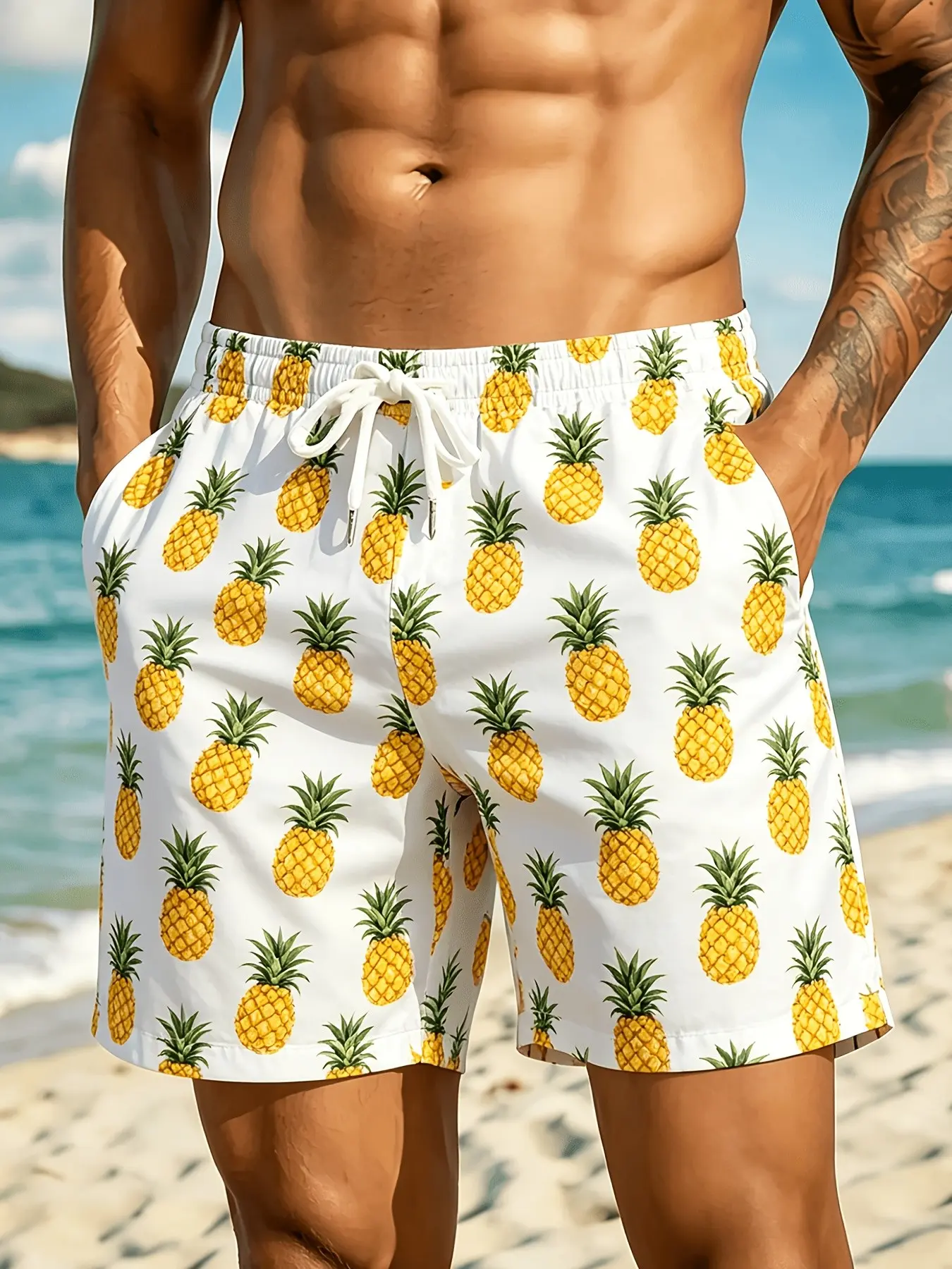 Men's Printed Beach Shorts, Non-Textured Design, Pineapple Pattern Swim Trunks, Lightweight Breathable, Loose Fashion, Summer Wear