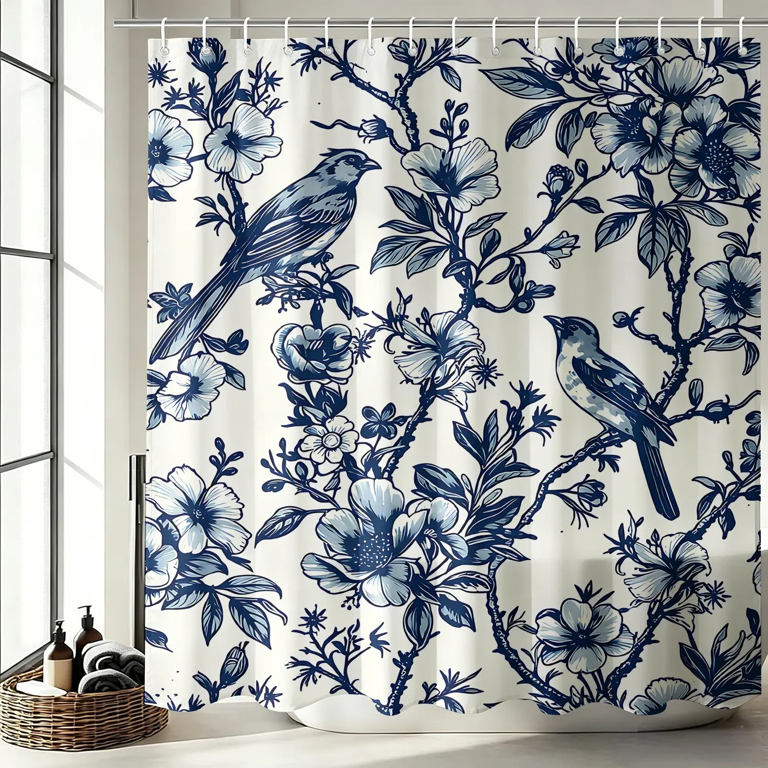 1Pc Waterproof Shower Curtain Vintage Blue Flower Bird, Elegant Classic Style for Bathroom Accessories with 12 Hooks, Easy to Setup and Maintain, Bohemian Theme Bath Decor, Upgrade Retro Bathroom Aesthetics