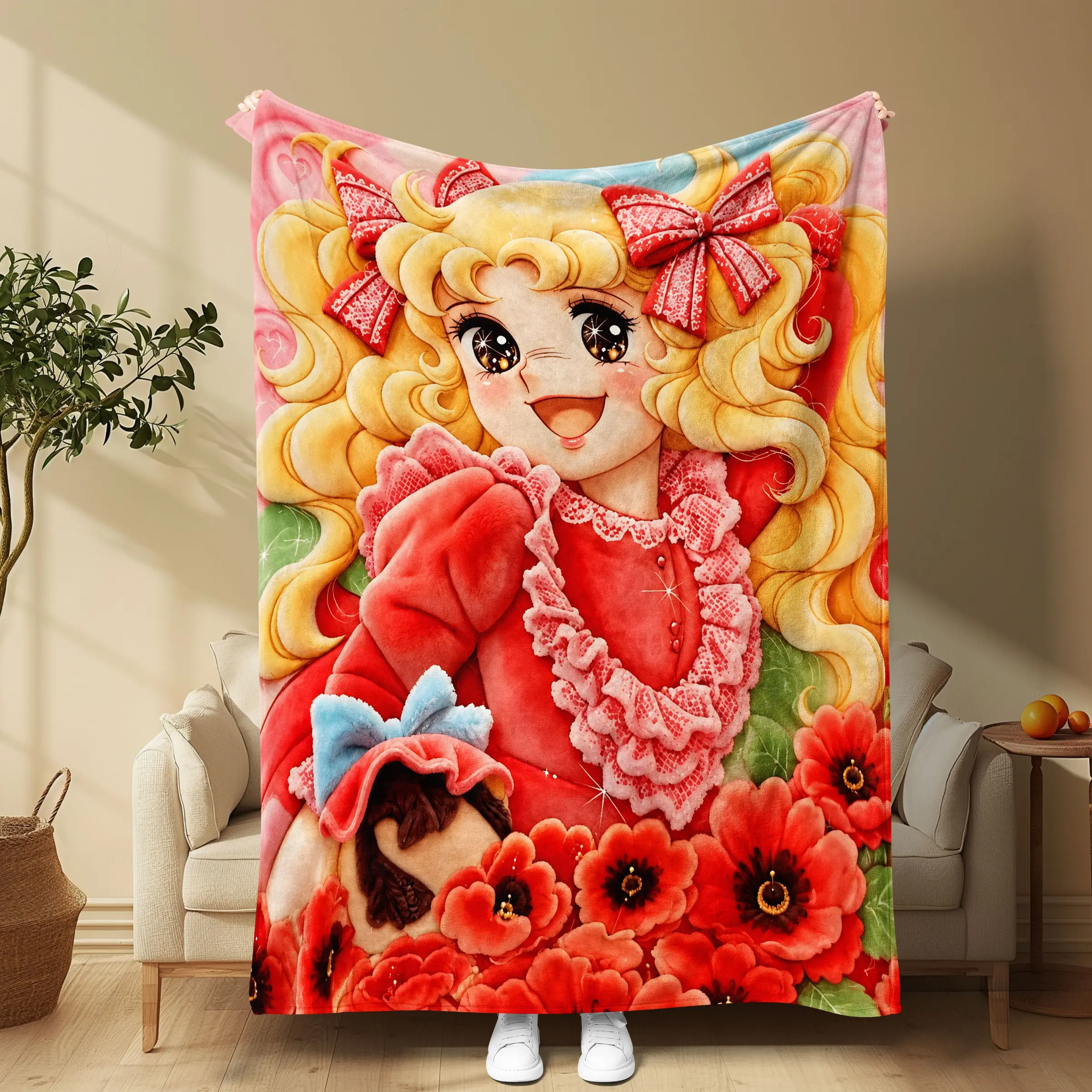 Vintage Anime Candy Candy Blanket, Soft Flannel, Retro Showa Style, Girl with Blonde Hair and Poppy Flowers, Perfect for Photography and Gifting