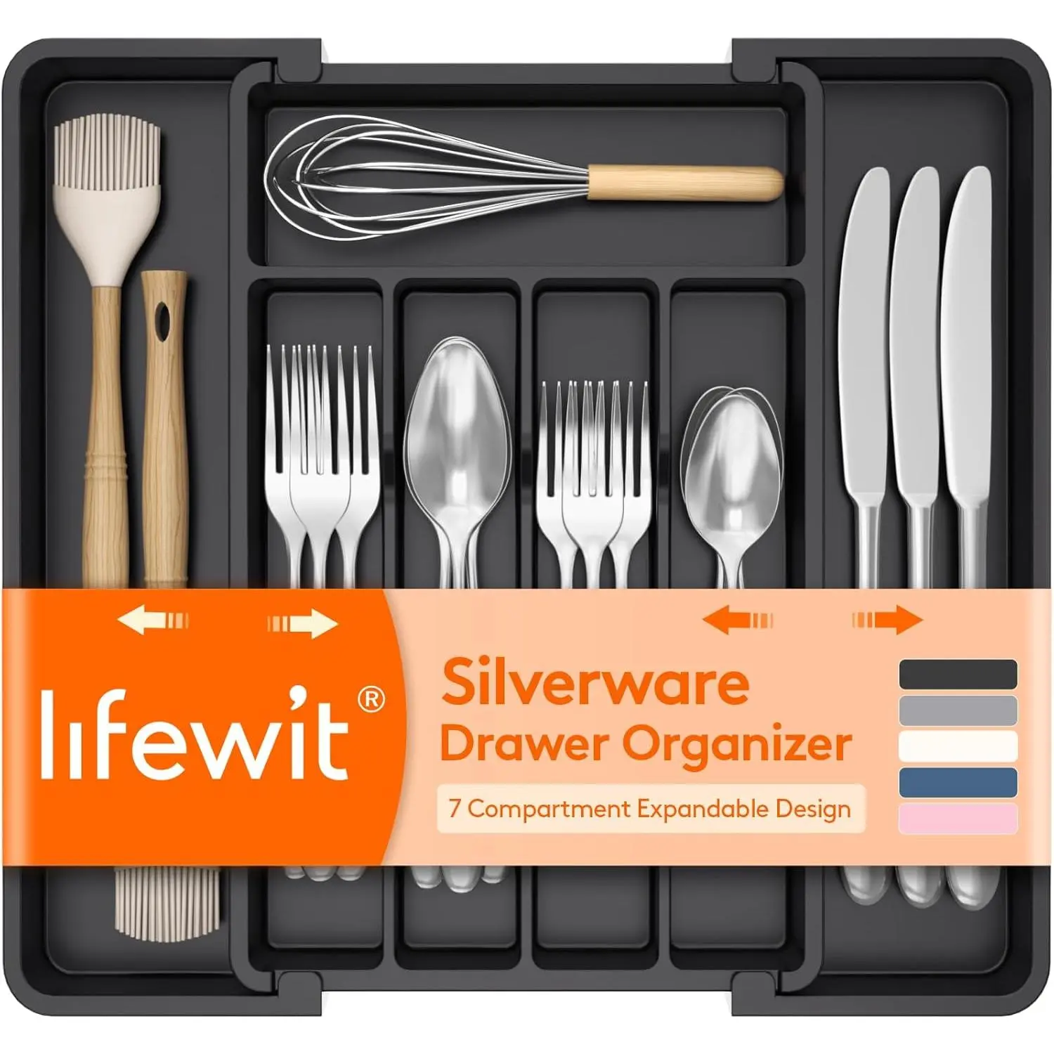 Expandable Silverware Organizer, Black BPA-Free Plastic Kitchen Drawer Cutlery Tray, Adjustable 8–13.8 x 11.2 x 1.4 Inch Space-Saving Utensil Storage Holder, Divided Flatware Tray for Knives, Forks, Spoons & Kitchen Gadgets