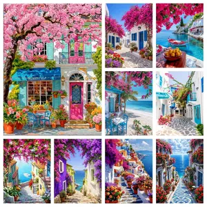 Mediterranean Santorini Flower Seaside Town Scenery Diamond Painting, 5D DIY Full Round & Square Drill Rhinestone Mosaic Kit, Available in 60×80cm, 80×120cm Sizes, Handmade Wall Art Home Decor Gift