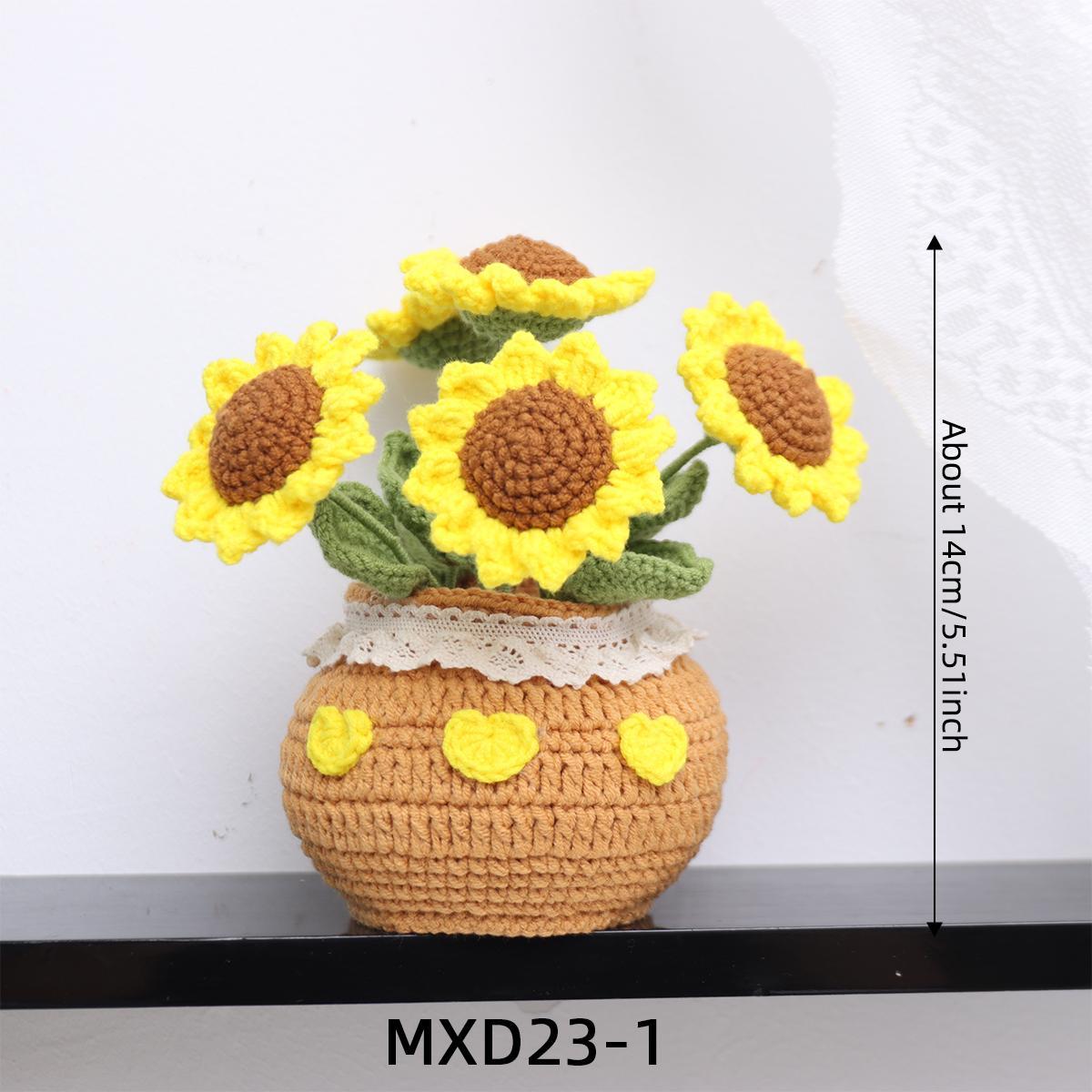 Crochet Sunflower Potted Plant, 1 Count Exquisite Handmade Knitting Potted Plant, Desktop Decoration for Home Living Room Bedroom Dining Room Office Dormitory, Artificial Potted Flower, Artificial Flowers
