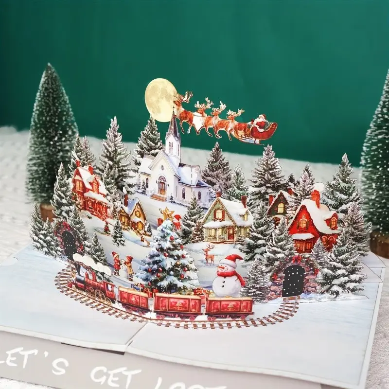 3D Pop-Up Christmas Card, Holiday Greeting Card with Santa, Reindeer, Snow Village, Moonlit Sky, Detailed Illustrations, Festive Design