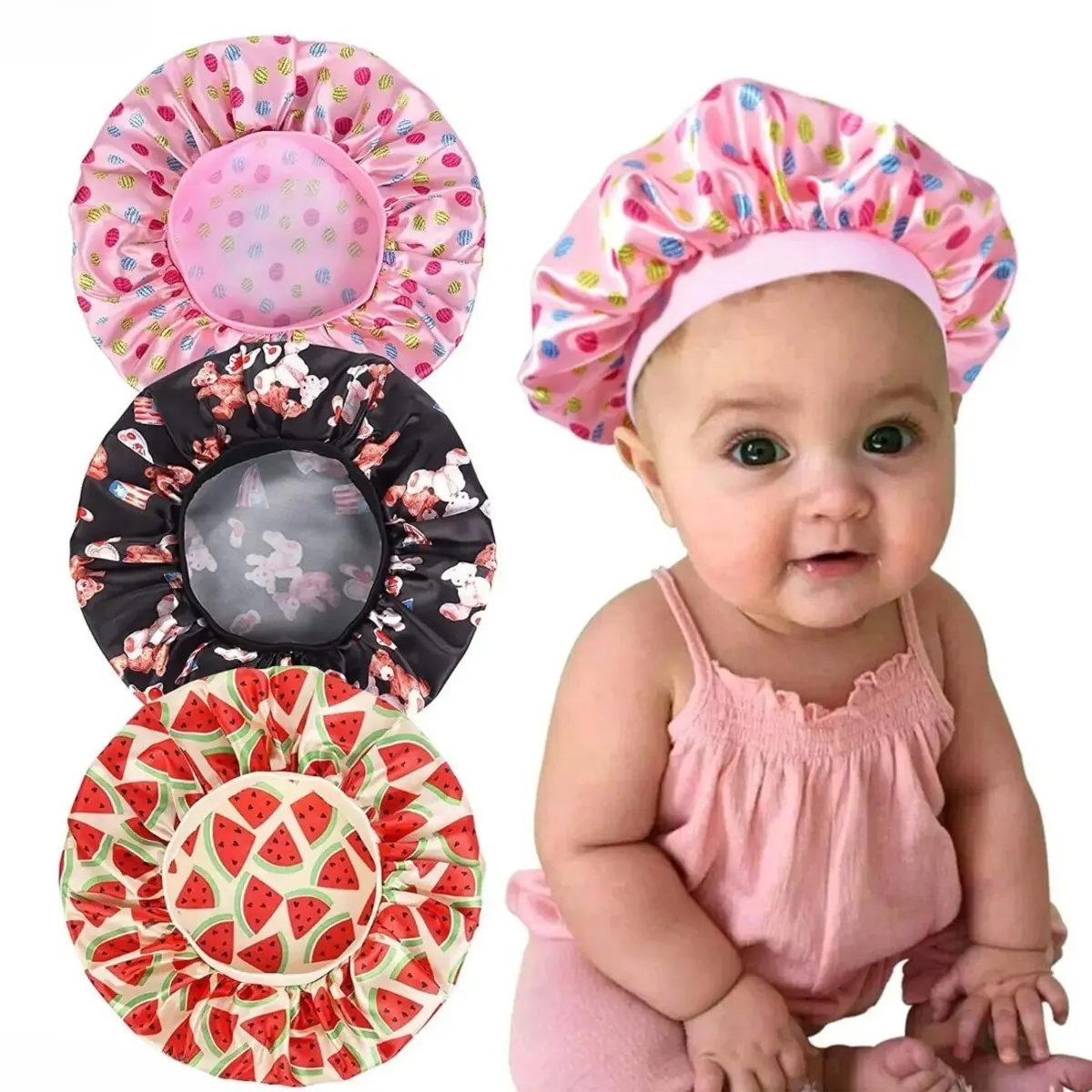 Cute Printed Satin Sleep Cap—a soft, smooth, breathable, lightweight, and stretchy hair-care essential, perfect for toddlers to wear while sleeping or bathing. summerwins