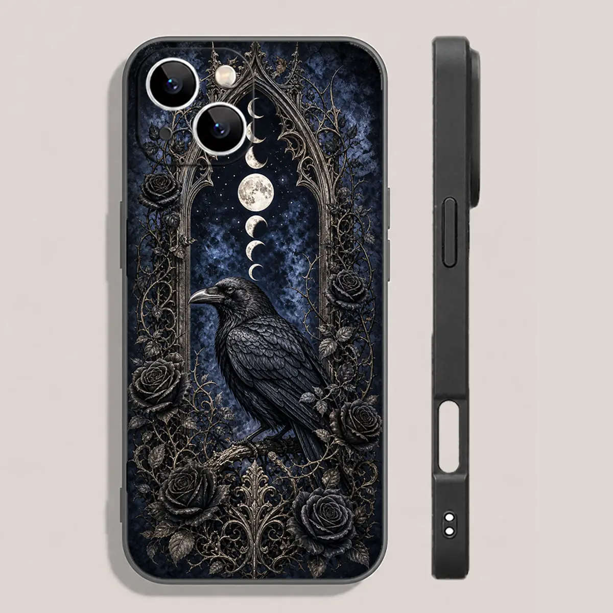 Gothic Raven Moon Phase Phone Case Black Rose Cathedral Frame Full Coverage for iPhone 17 16 15 14 13 12 11 X Plus Pro Max Gothic Gift