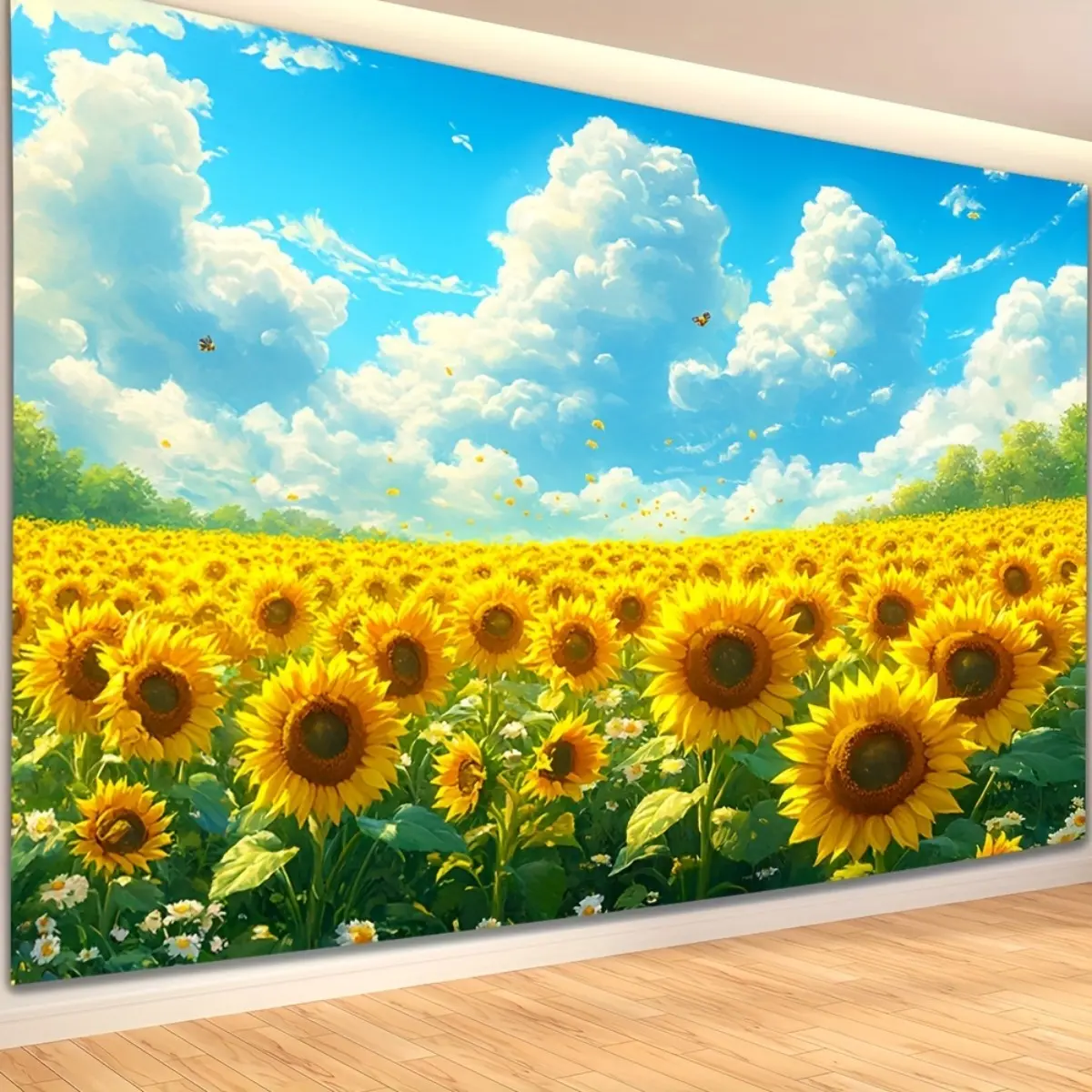 2D Flat Golden Sunflower Field Banner | Vibrant Sunflowers, Daisies & Blue Sky Wall Decor and Photo Backdrop for Home, Wedding, Party & Indoor/Outdoor Decor | Single-Sided Polyester | Metal Grommets for Easy Hanging