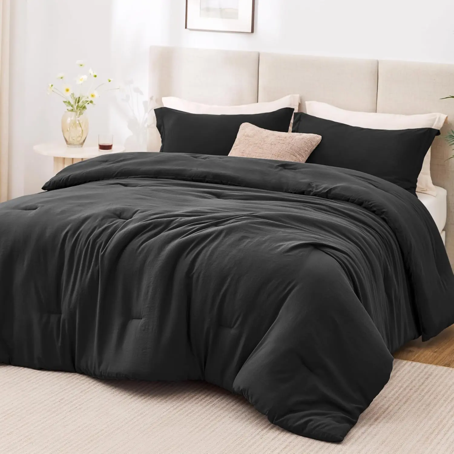 Black King Size Comforter Set, 3-Piece Prewashed Bed Set with 1 Comforter (104 x 90 in) & 2 Pillowcases, Lightweight & Breathable for All