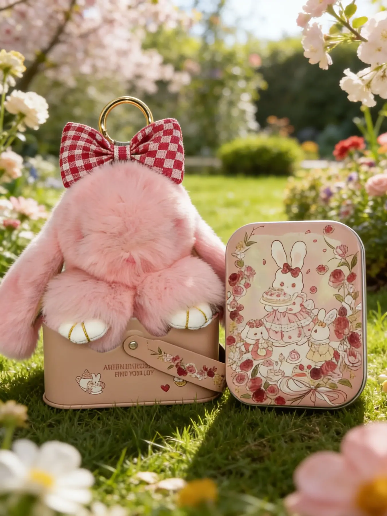 Back to School Gift | Handmade Plush Bunny Keychain with Plaid Bow & Rose Tea Tin Gift Box | Cute Kawaii Bag Charm, Keychain Pendant, Stress Relief Gift for Girls, Friends & Classmates