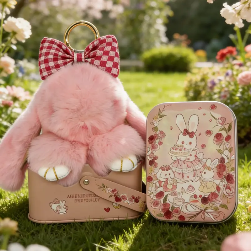 Back to School Gift | Handmade Plush Bunny Keychain with Plaid Bow & Rose Tea Tin Gift Box | Cute Kawaii Bag Charm, Fluffy Keychain, Keychain Pendant, Stress Relief Gift for Girls, Friends & Classmates