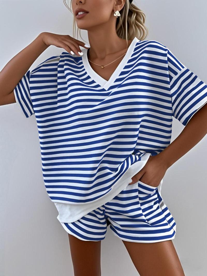 Women's Striped Print V Neck Tee & Shorts Loungewear Set, Casual Comfy Short Sleeve T-shirt & Shorts Set, Ladies Sleepwear for Summer Pajama Set