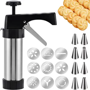 Stainless Steel Cookie Press Gun Set with 13 Pattern Discs and 8 Decorating Nozzles, DIY Christmas Cookie & Cake Icing Making Tool
