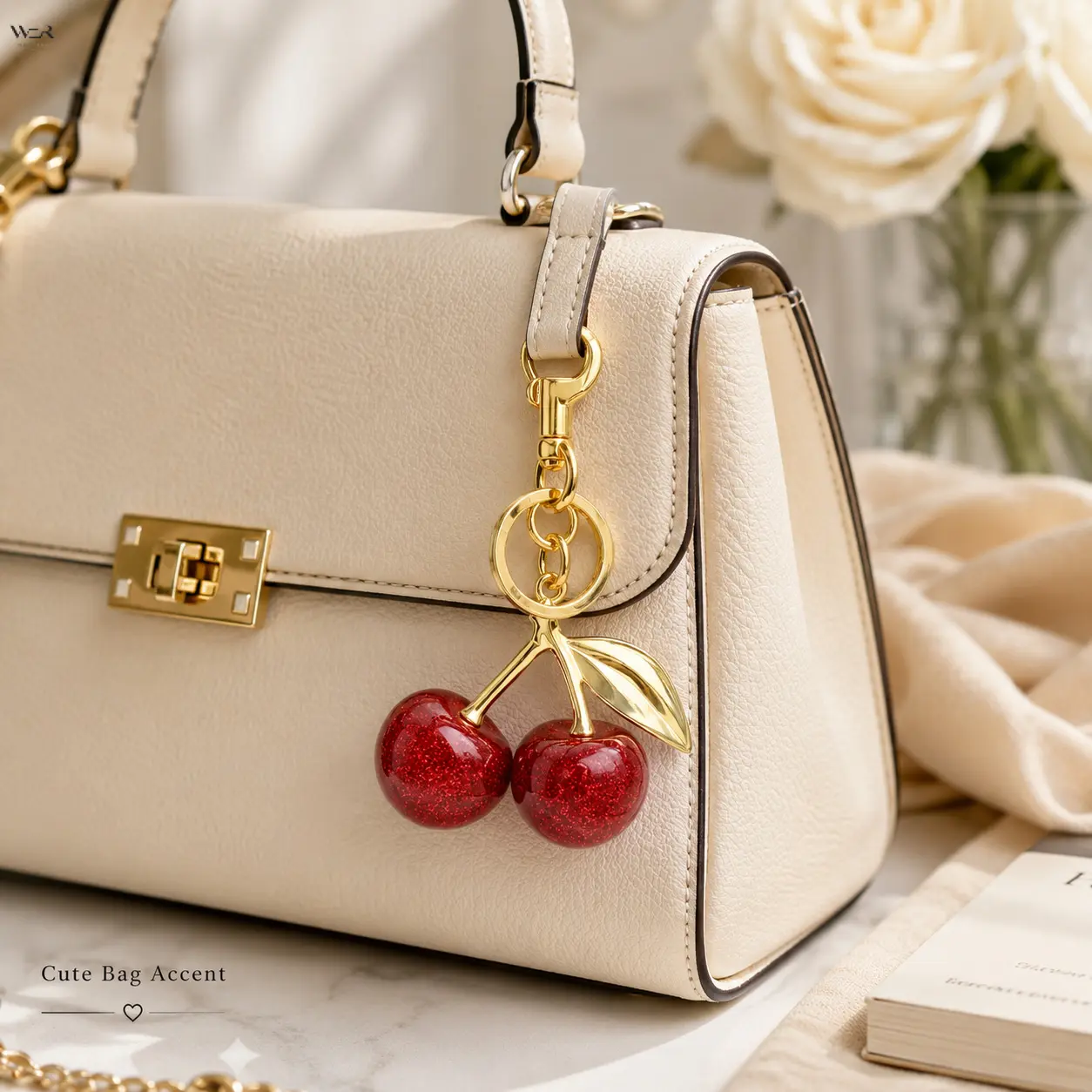 Cute Glitter Resin Cherry Keychain, 8 Color Options Red Pink Blue Black Fruit Bag Charm with Metal Leaf Branch, Gold Silver Lobster Clasp Ring Pendant, Sweet Y2K Decor Accessory for Backpack Handbag Car Keys Gift