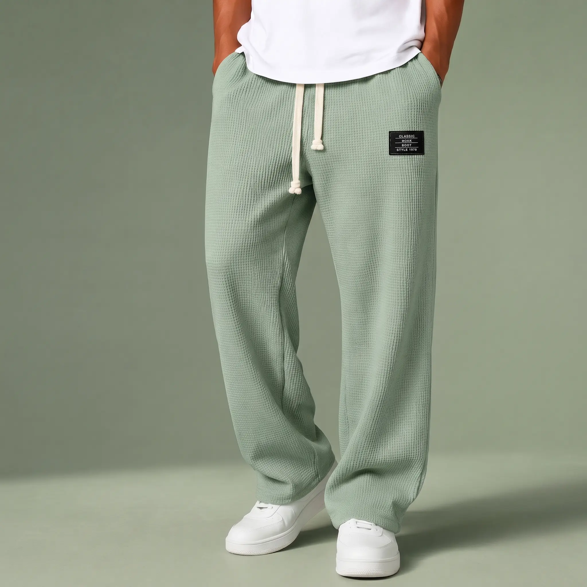 Men's Premium Waffle Texture Flowy Fit Drawstring-Waist Wide-Leg Casual Pants - Breathable Soft Lightweight Loose-Fit Trousers for Spring-Autumn Daily Home Wear, Outdoor Walking, Flowy Fit Men's Pants
