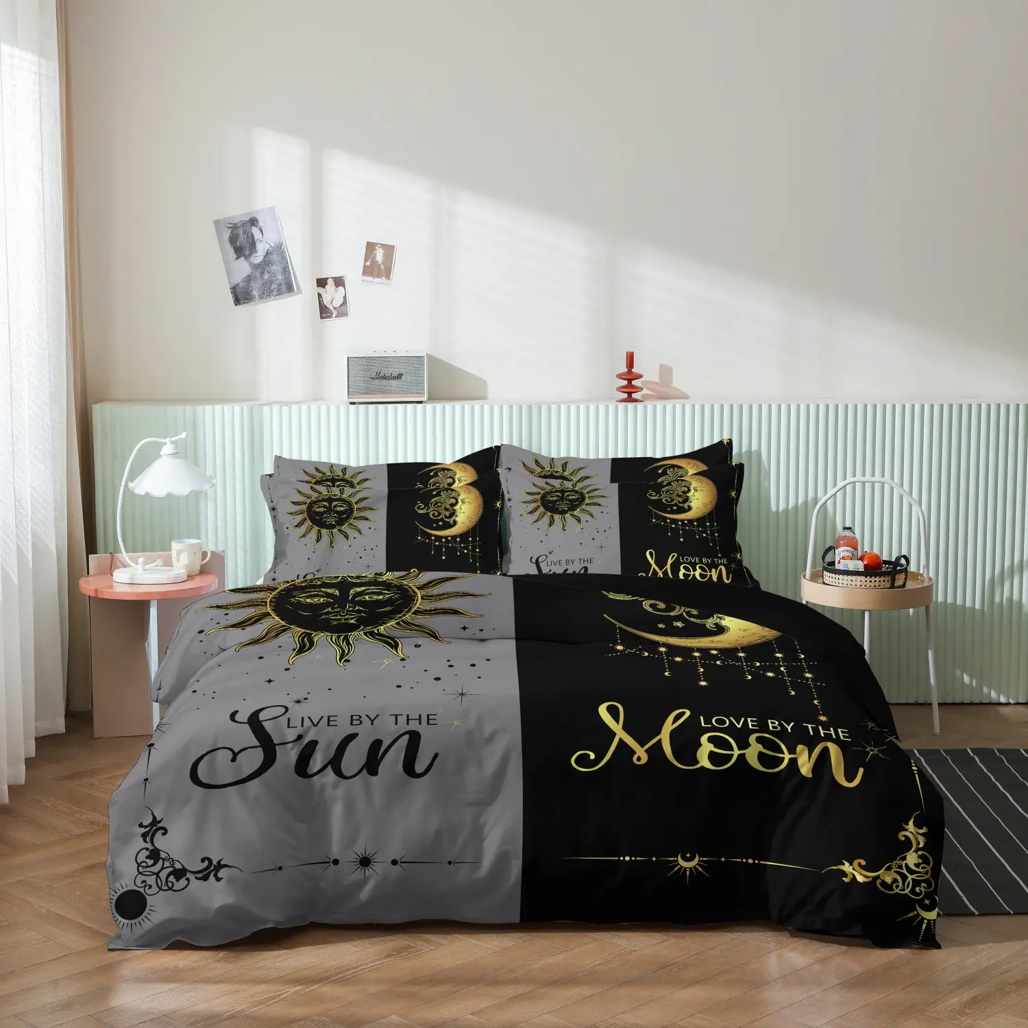 Grey Black Split Sun Moon Print Couple 3 Pieces Duvet Cover Set, Golden Sun Moon Star Celestial Print Bedding, Soft Microfiber Bohemia Bedroom Decor (1 Duvet Cover + 2 Pillowcases, No Comforter No Pillow)