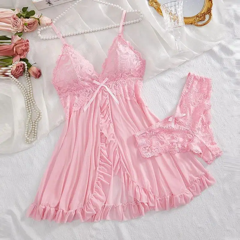 Women's Sexy V-Neck Night Gown, Elegant Sleep Dress with Contrast Lace Trim, Open Back, Adjustable Straps and High Side Slit, Backless Sleeveless Mini Nightdresses, Black Lace Detail Nightdresses, Wrap Cami Nightdress