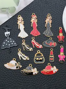 15pcs Mixed Fashion Enamel Elegant Women Lipstick/Hat/Bag/High Heels Charm Golden-plated Alloy Pendant DIY Women Bracelet Necklace Earrings Jewelry Making Craft Accessories Gifts for Lovers and Friends