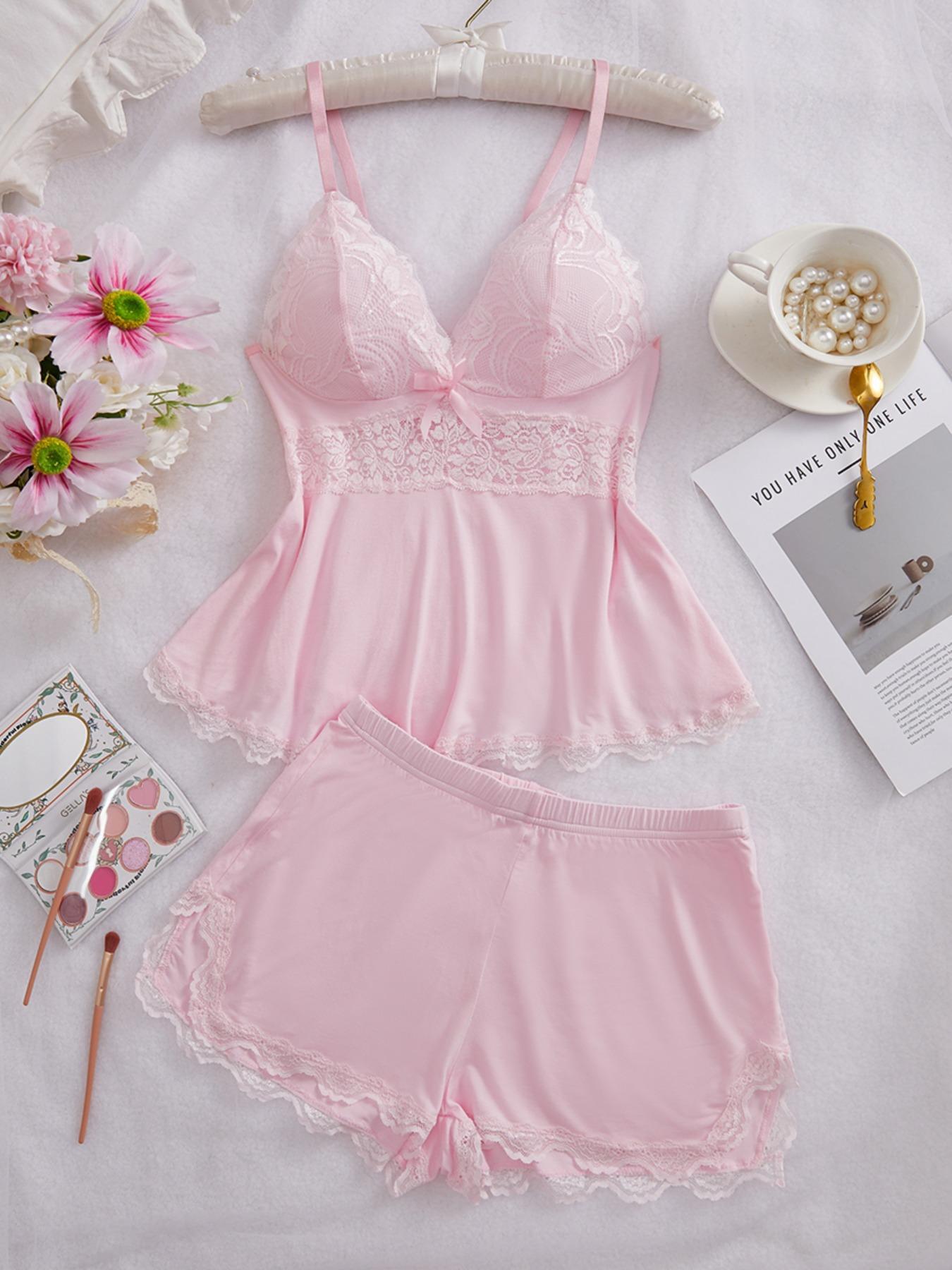 Women's Plain Lace Patchwork Pajama Set, Adjustable Spaghetti Strap V Neck Fitted Camisole & Elastic Waist Shorts PJ Set, Ladies Sleepwear for All Seasons