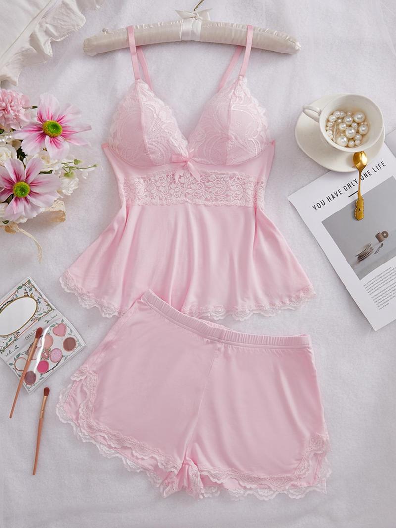 Women's Solid Color Lace Trim Cami Top & Shorts Pyjama Two-piece Set, Casual Comfy Camisole & Shorts Lingerie Set, Women's Sleepwear for All Seasons