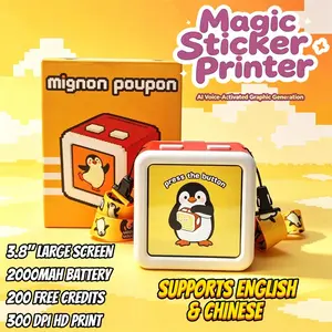 MignonPoupon AI-Powered Voice Activated Mini Sticker Printer, Portable Thermal Sticker Maker for Kids, Mess-Free Printing with 3.8" Preview Screen, 2.4G WiFi Only, Includes 5 Sticker Rolls, 8 Colored Pencils, Carrying Strap & Coloring Book, Gift for Kids