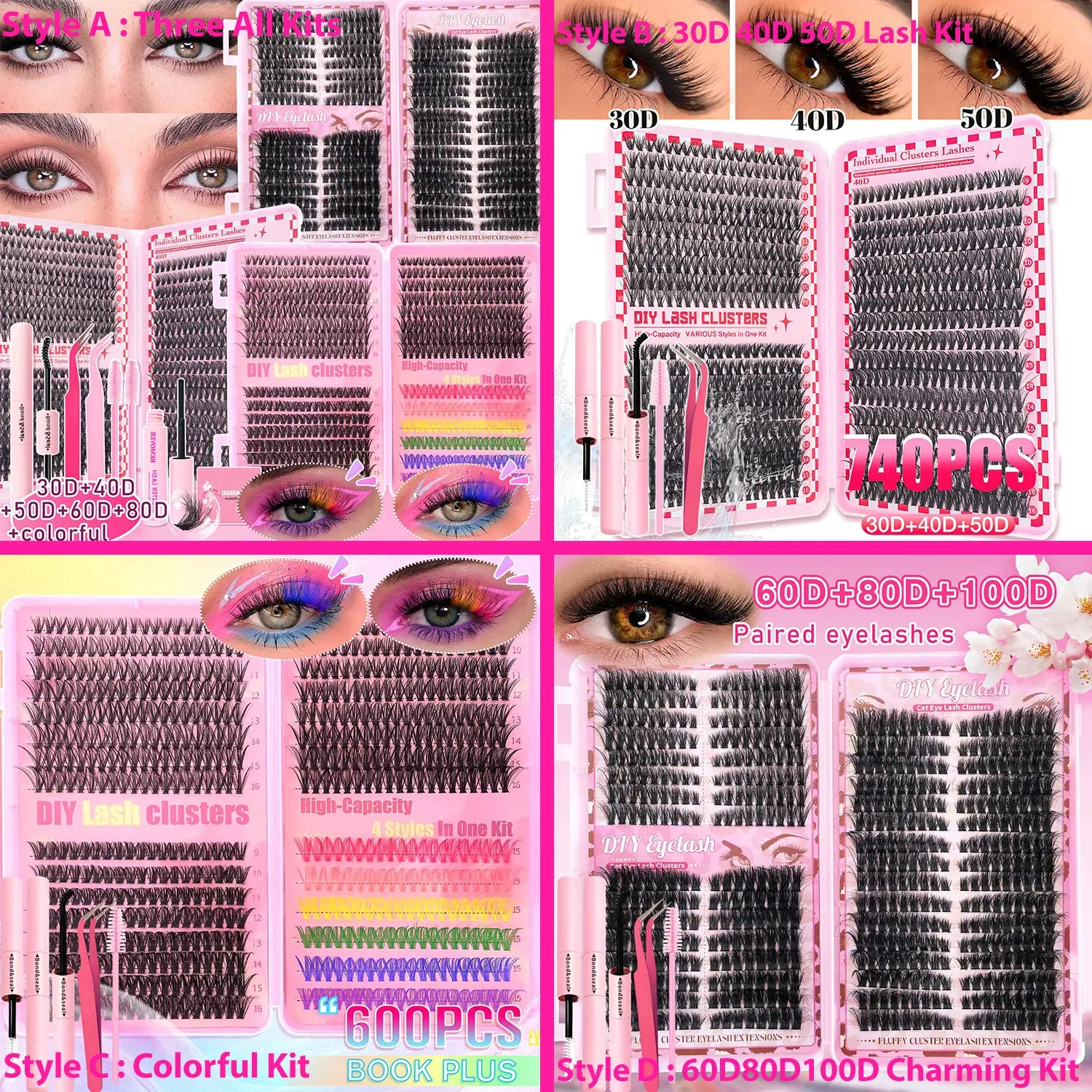 False Eyelash Extension Set, Natural Thick & Charming, Mixed Length, D Curl, Synthetic, Waterproof & Non-Toxic, Easy to Apply, Includes Glue & Tweezers, Mixed Lash Clusters