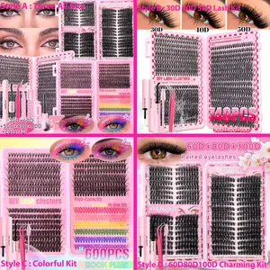 False Eyelash Extension Set, Natural Thick & Charming, Mixed Length, D Curl, Synthetic, Waterproof & Non-Toxic, Easy to Apply, Includes Glue & Tweezers, Mixed Lash Clusters