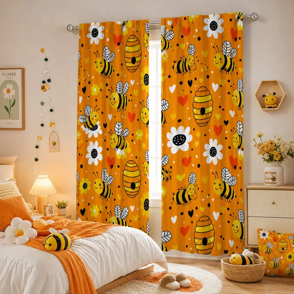 2 Piece Warm Bee Daisy Curtains, Cartoon Bee Hive Flower Heart Patterns, Fun Kids Room Decor, Bright Colorful Home Atmosphere