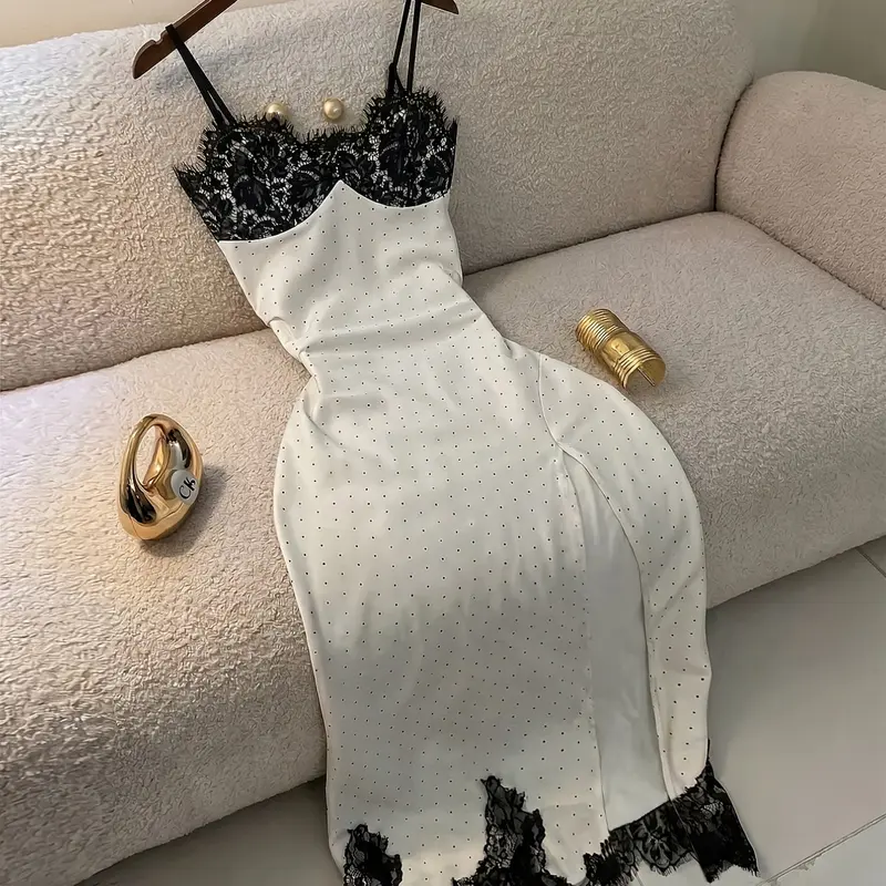 French Vintage Polka Dot Strapless Long Dress, Lace Trim V Neck, High Split Slit Design, Slimming Fit Pure Desire Style Dress, Aesthetic