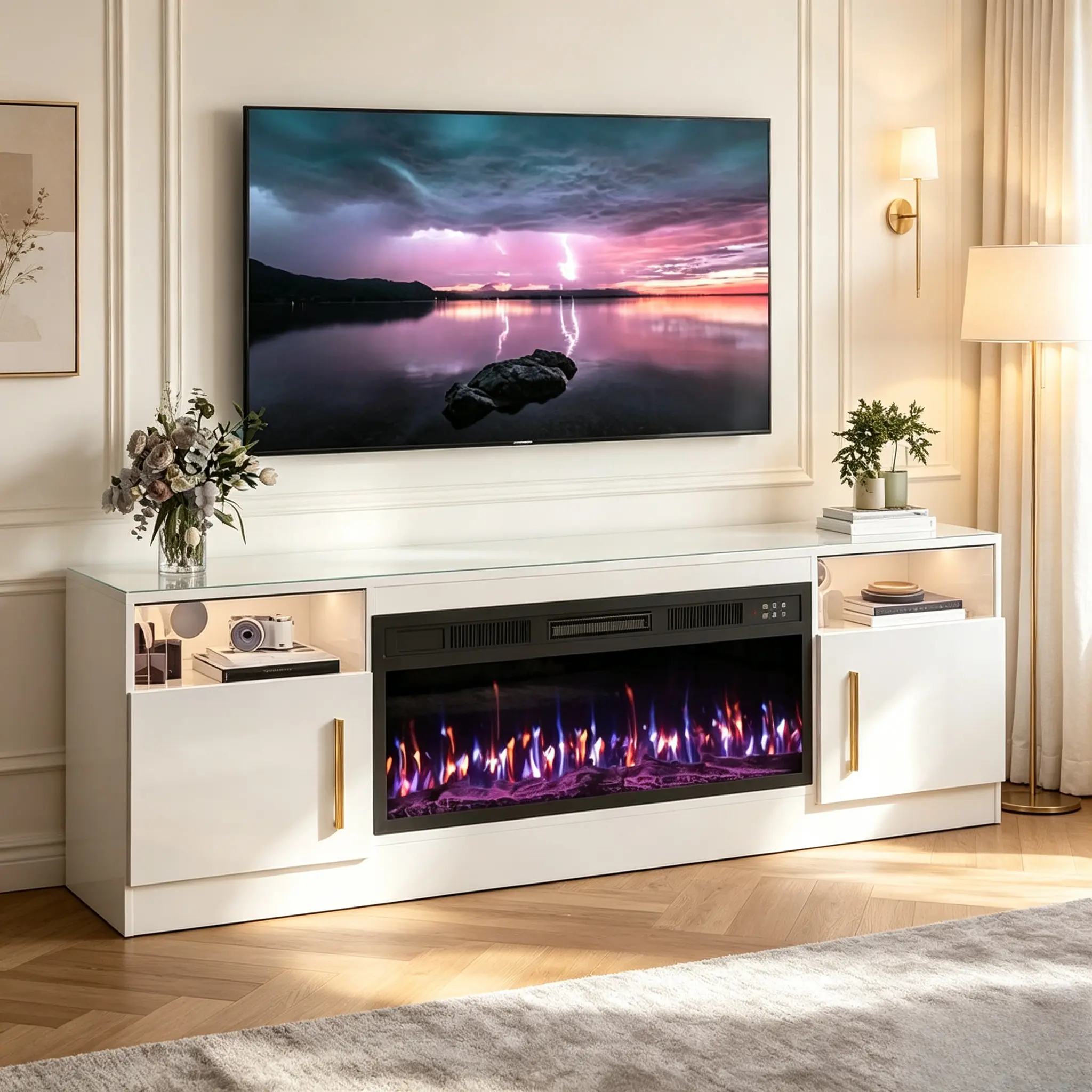 Modern fireplace TV cabinet equipped with a 36-inch electric fireplace and storage cabinets with LED lighting, compatible with TVs up to 80 inches – high-gloss wood style suitable for living rooms