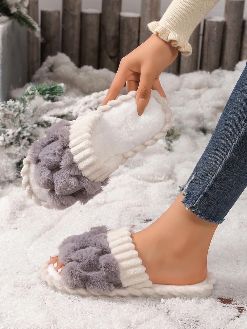 Women's Cute Plaid Design Fluffy Bedroom Fuzzy Warm Slippers, Trending Shoes, Casual Soft Comfortable Home Slippers, House Shoes, Gifts for Her, Non Slip Slippers for Women, Indoor Footwear