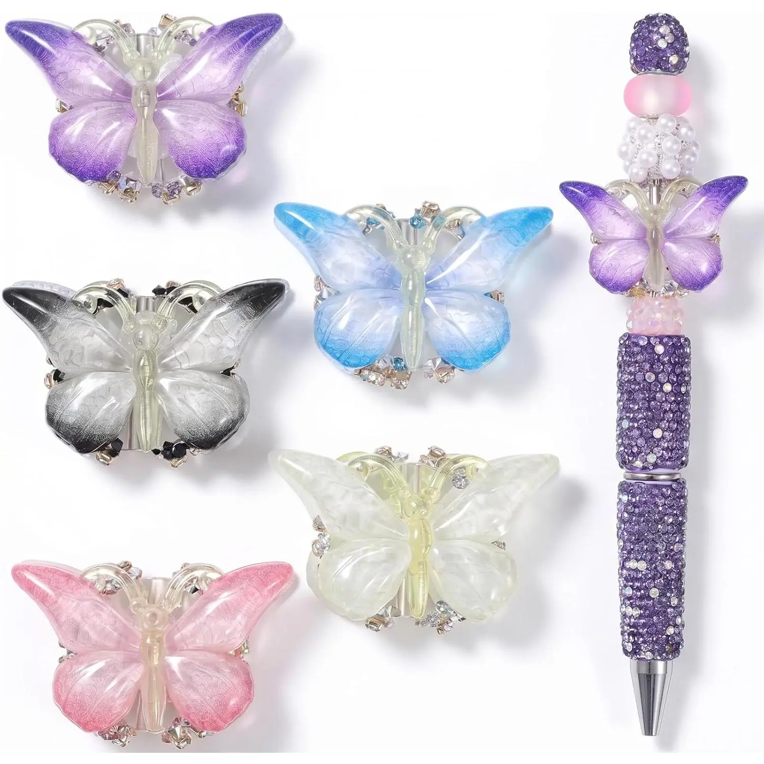 5 count Rhinestone Butterfly Beads for Pens, Gradient Focal Beads for Pen Making, Fancy Pen Charms Wavy Spacers for Beaded Pens, Pop Beads Supplies for DIY Crafts Projects