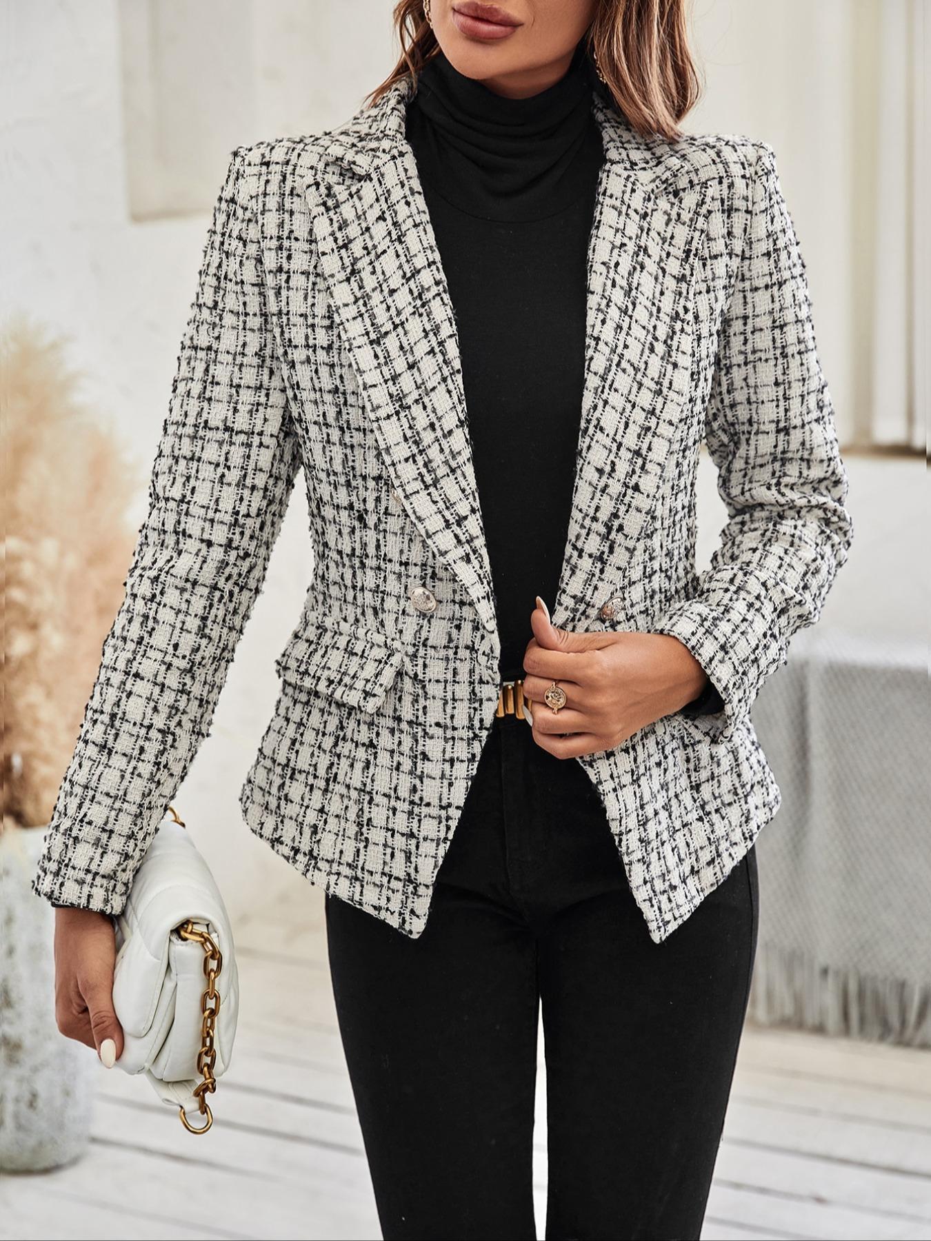 Women's Plaid Print Double Button Flap Detail Lapel Trendy Blazer, Casual Long Sleeve Outerwear for Fall & Winter, Ladies Clothes for Work Office Business, Elegant