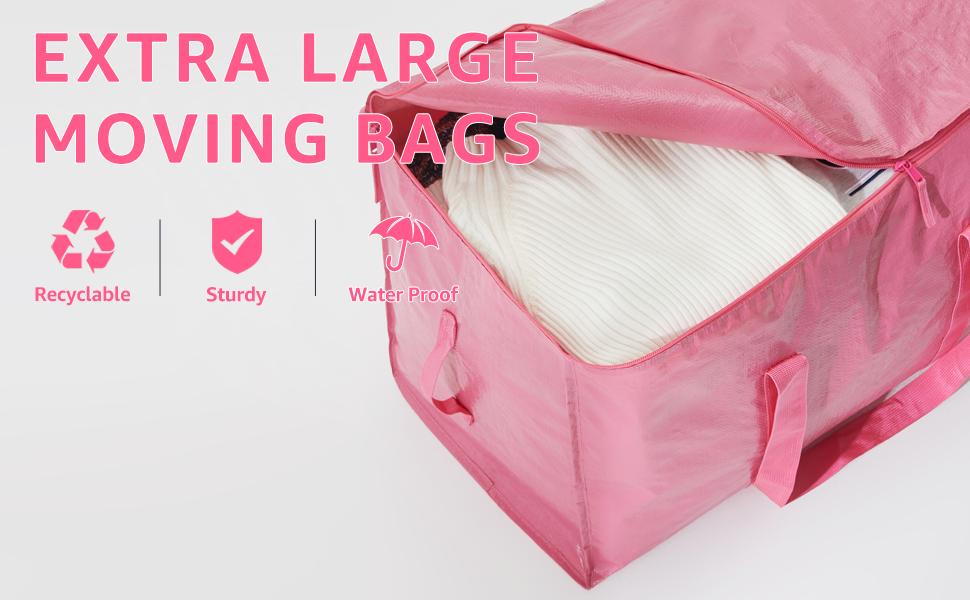Moving Bags Heavy Duty Extra Large, Moving Boxes, Moving Supplies Essentials,Storage Bins with Lids, Plastic Packing Totes, Storage Bags for Clothes with Handles & Zippers(Pink, 8 Pack)