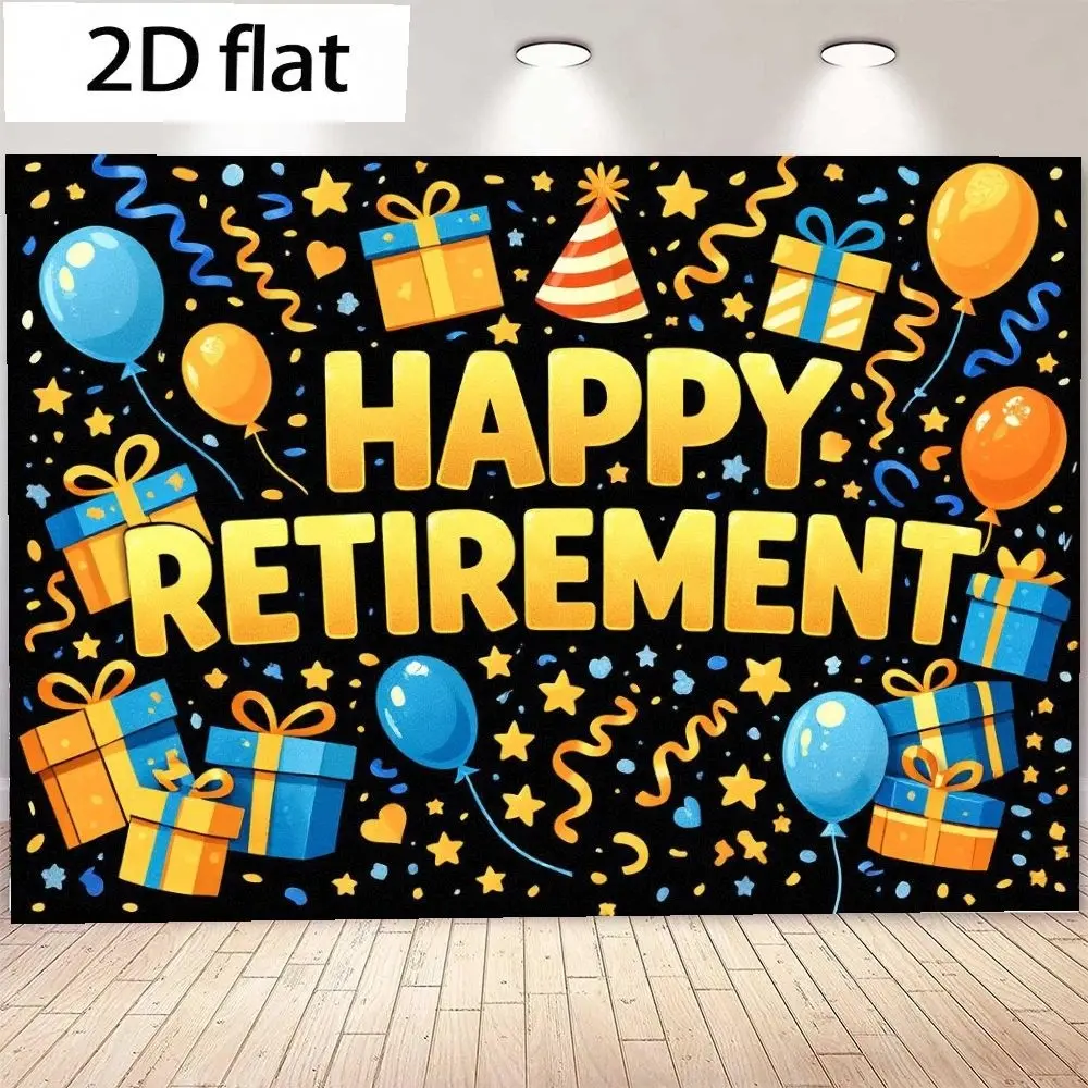 2D Flat Banner for Retirement Celebration, Balloon Stars Ribbon Heart Print, Polyester Material, Multiple Sizes Available