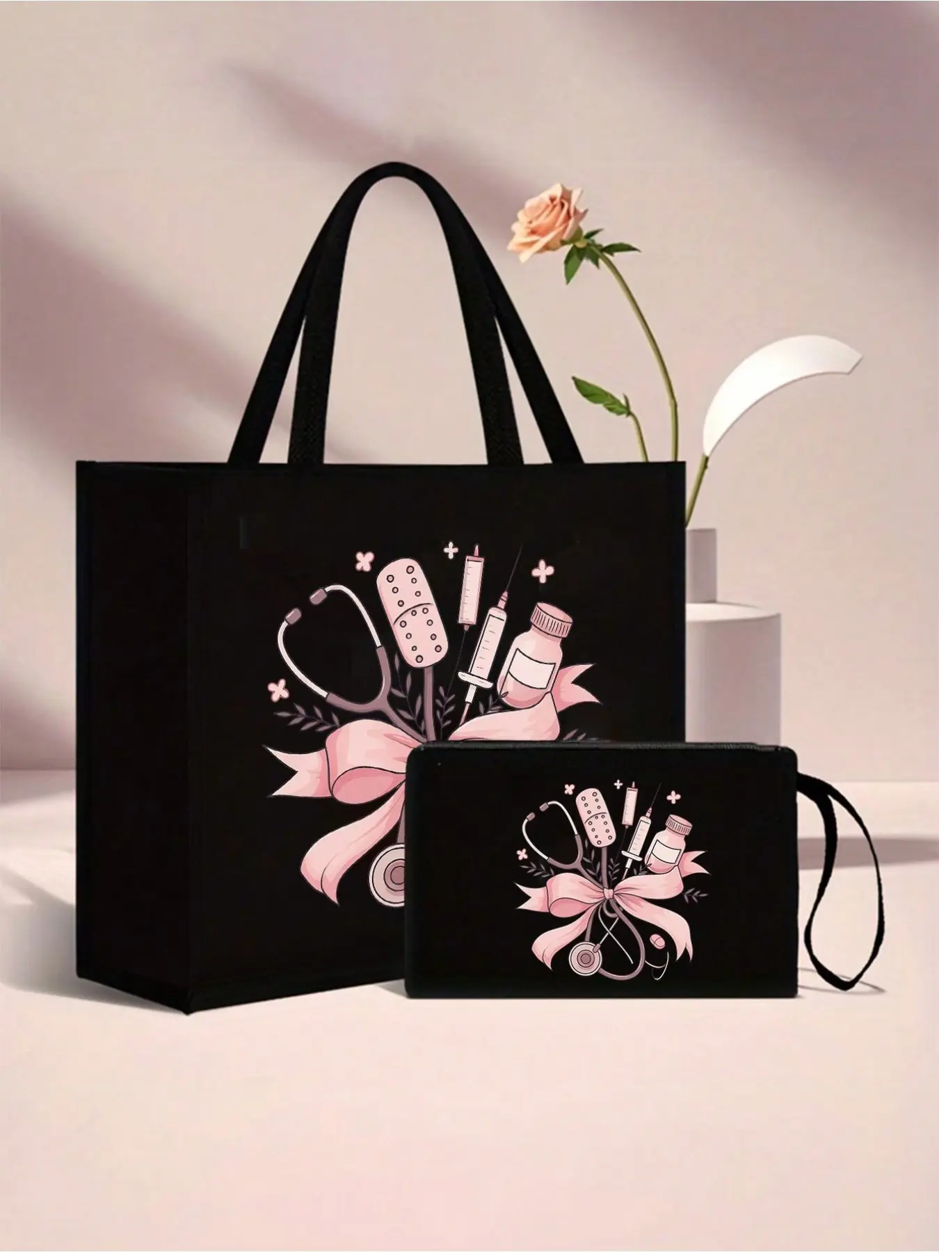 Nurse‑Themed Linen Tote Bag Set for Women, Shiny Pink Bow Stethoscope Print, Large‑Capacity Fabric Handbag with Fixed Shoulder Strap, Ideal Gift for Healthcare Workers & Special Occasions