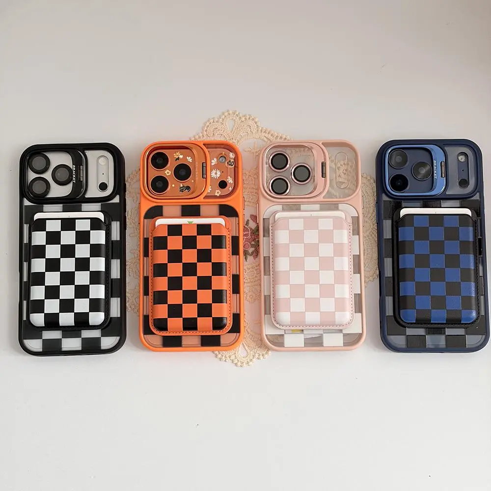Black Transparent Checkerboard MagSafe Protective Cellphone Cover - Magnetic Lock Shockproof, Anti-Scratch Casing with Foldable Camera Stand, Card Holder for iPhone 17 Pro Max/16/15 & Samsung Galaxy Devices, Electronics Accessories