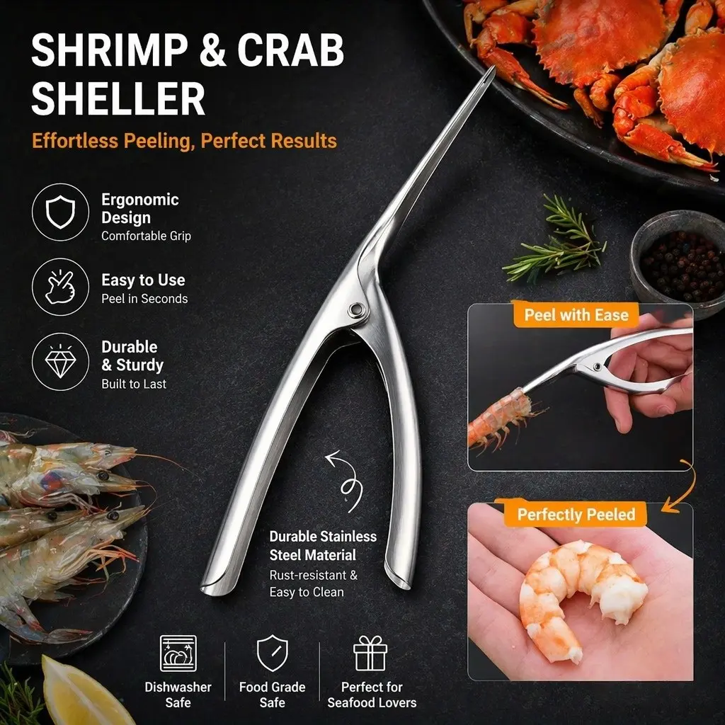 Stainless Steel Herringbone Shrimp and Crustacean Shell Remover – Ergonomically designed for effortless shelling; a durable kitchen tool suitable for prawns, crabs and lobsters – must-have for professional and home chefs alike, Kitchen Gadgets