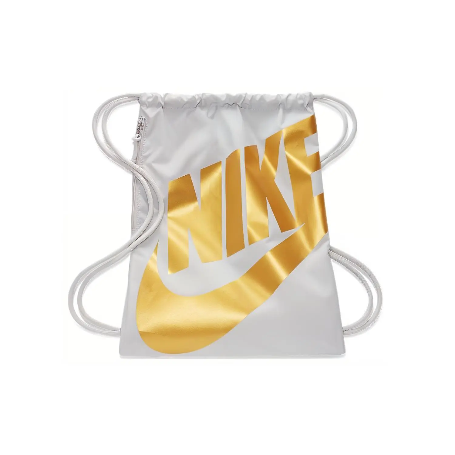 Nike Heritage Drawstring Duffel Bag for Men and Women – Minimalist, Durable Woven Fabric Gym and School Backpack in White and Gold