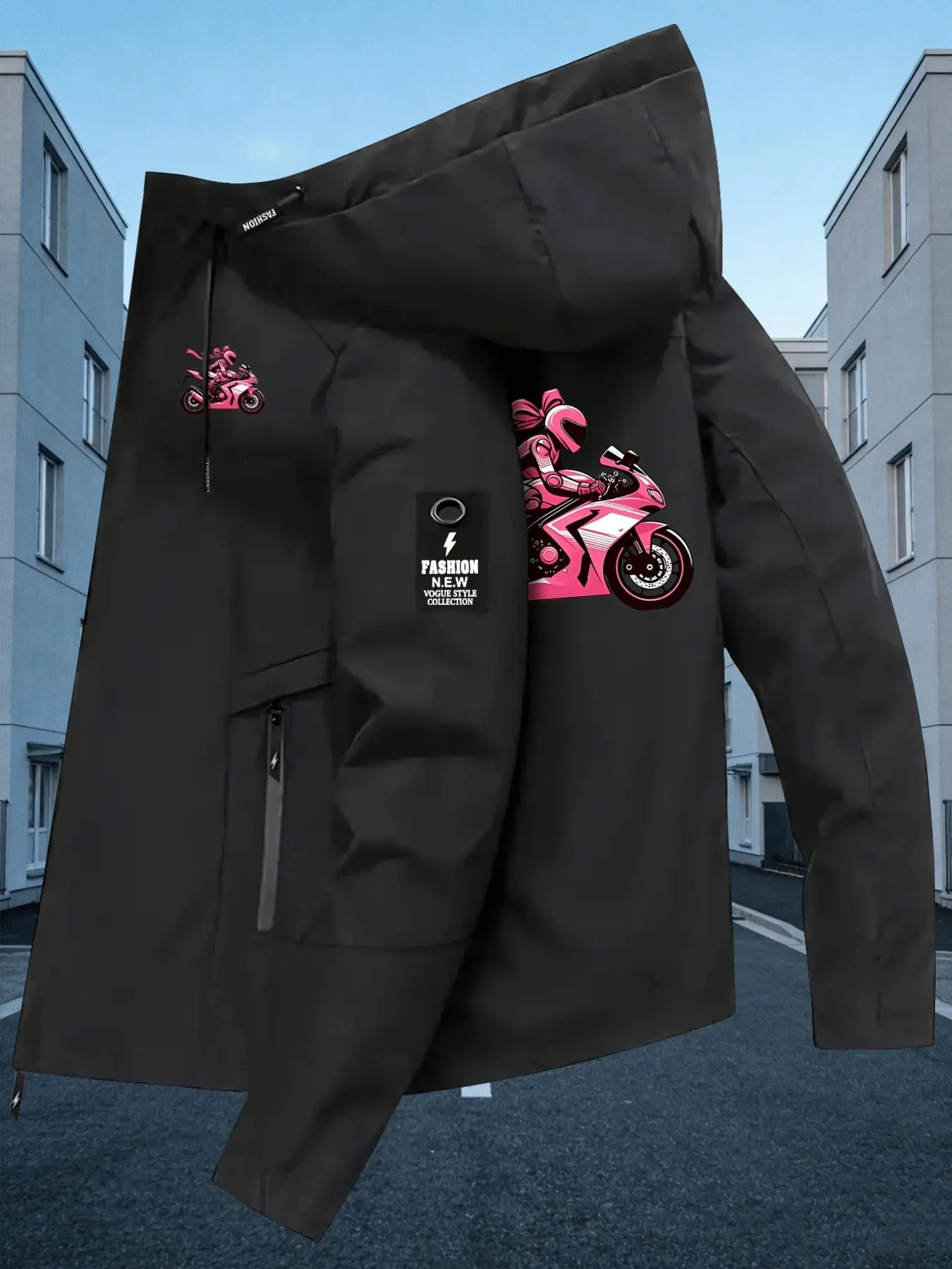 Women's Hooded Windbreaker Jacket Double sided Pink Motorcycle Girl Print Jacket Two Color Options Hooded Loose All Season Warm Jacket Ideal for Daily Commute Hiking Climbing Wear Skin Friendly Breathable Machine Washable Plussize