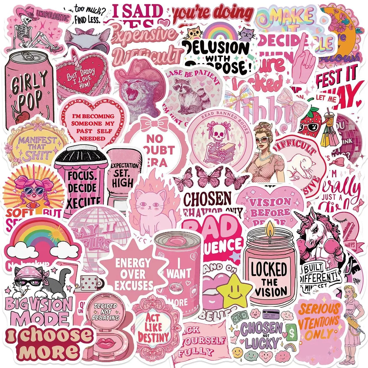 50-Pack Sassy Attitude Pink Stickers, Cute Cat, Waterproof Die-Cut Decals for Phone Cases, Water Bottles, Macbooks, DIY Planner Decor, Kawaii Cartoon Vinyl