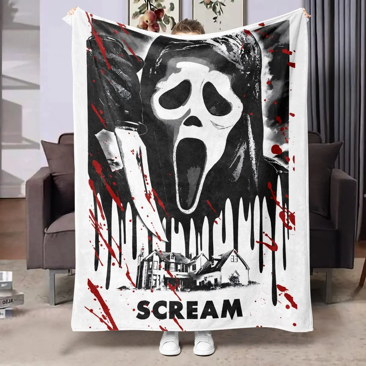 1pc Scream Ghostface Fleece Blanket, Black White Ghost Mask Blood Splatter Horror Movie Poster Print, Soft Warm Nap Throw For Sofa, Bed, Office, Camping, Perfect Halloween Gift