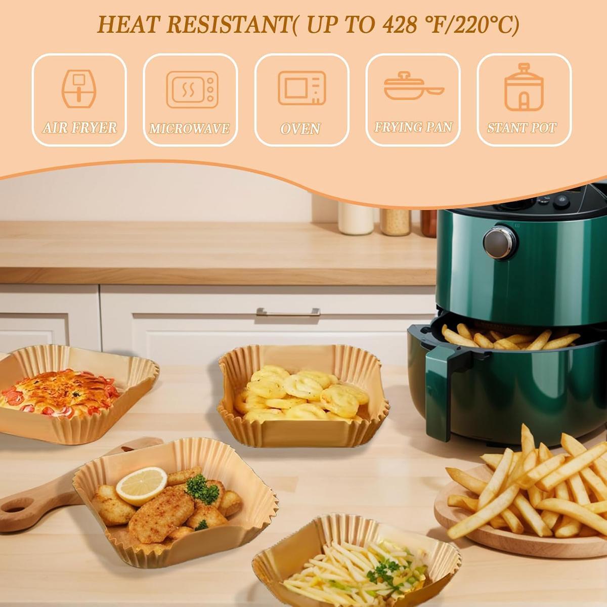 Air Fryer Paper Liners, 100Pcs Parchment Paper, Air Fryer Liners Disposable for Microwave, Non-Stick Air Fryer Liner Square Free of Bleach (6.3IN) Baking Supplies Kit Bakeware