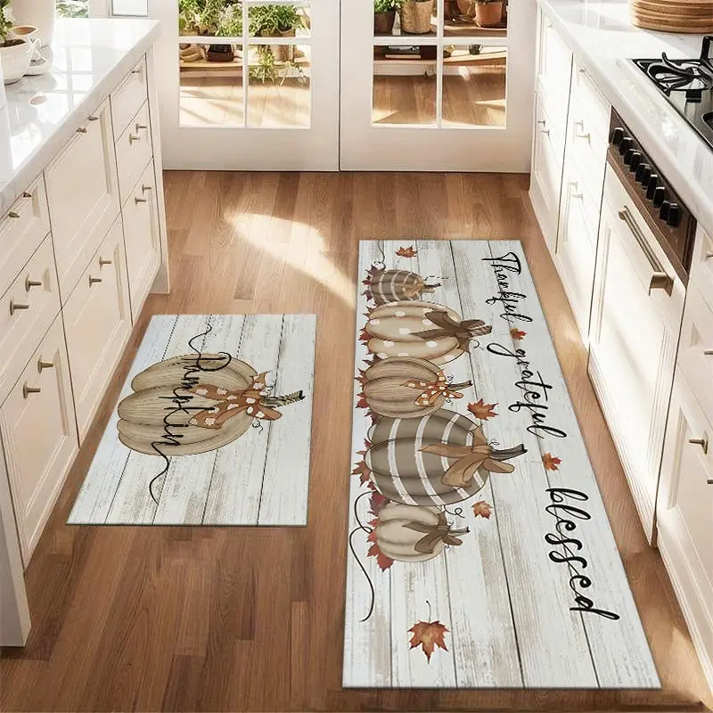 2Pcs Autumn Pumpkin Mat Set, Thanksgiving Wood Grain Abstract Art Print Rug, Anti-Fatigue Kitchen Carpet, Non-Slip Washable Floor Mat