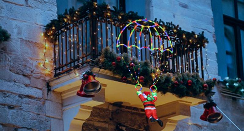 2.8ft Christmas Parachute Lights (Red&Green/Multicolor)，Santa design, waterproof, 8 lighting modes,Ideal holiday gift,Suitable for indoor/outdoor use, hangable on Christmas trees, eaves or walls