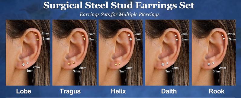 THUNARAZ 16 Pairs Tiny Ball CZ Studs Earrings for Women Men Surgical Steel Flat Back 2/3mm Cartilage Stud Earrings Hypoallergenic Tragus Helix Daith Piercing Cartilage Earrings for Daily Outings Adjustable Waist Chain for Christmas Gift