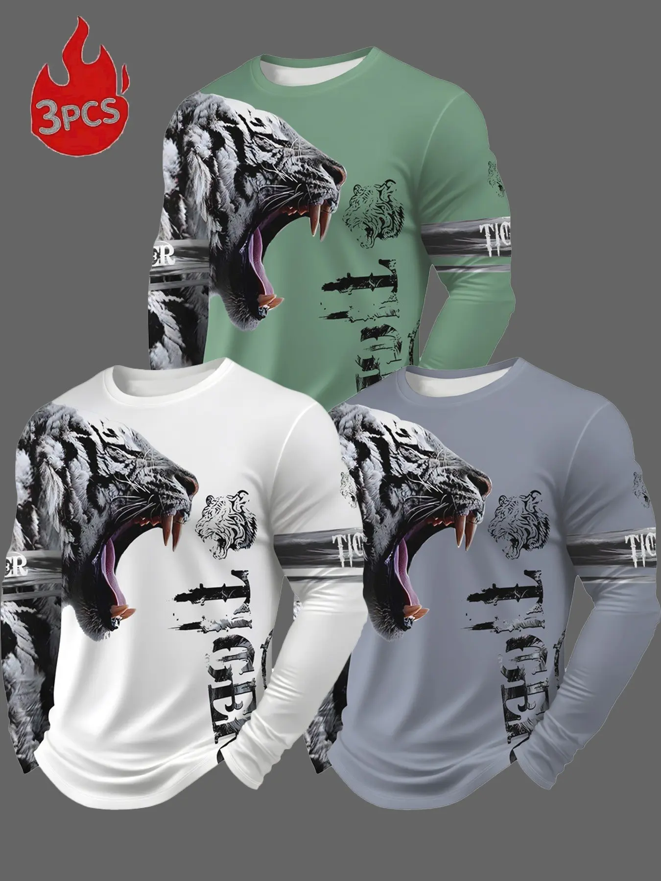High street style men's round neck long sleeved three piece set, beast letter combination print, light sports daily casual clothing
