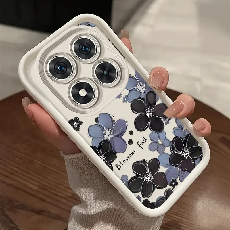 Cool-toned Blue & Black Camellia Floral Phone Case, Printed with Tiny English Words & Heart Patterns, Dual Black-and-White Base Colors, Full Lens Coverage, Anti-slip & Stain-resistant, Unique Soothing Protective Case Compatible with All Redmi Note 10/11/1