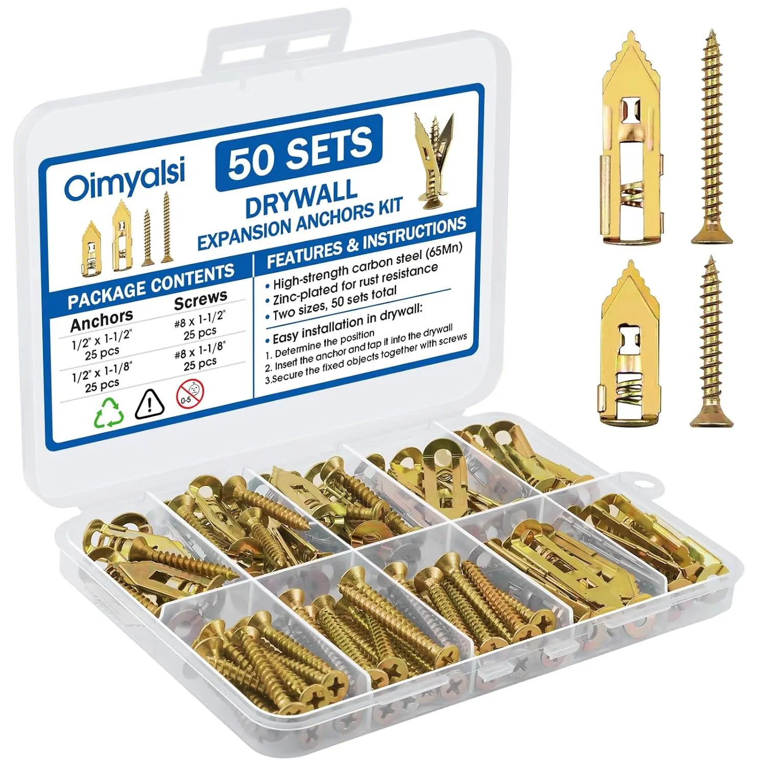 100 PCS Carbon Steel Self-Drilling Screws & High Load Cap. Duty Expansion Wall Kit for Plasterboard, Wall Mount Shelves, DIY Users, Inches